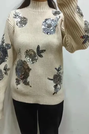 Turtleneck Loose-fitting Sequined Floral Pattern Long Sleeve Knitted Sweater