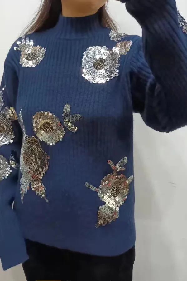 Turtleneck Loose-fitting Sequined Floral Pattern Long Sleeve Knitted Sweater
