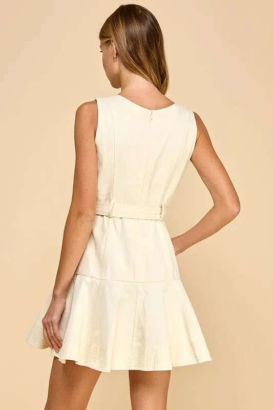 V-Neck Belted Ruffle Hem Dress