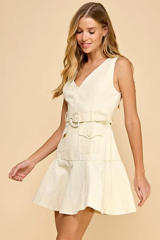 V-Neck Belted Ruffle Hem Dress