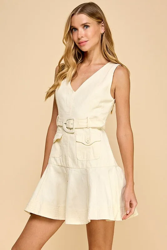 V-Neck Belted Ruffle Hem Dress