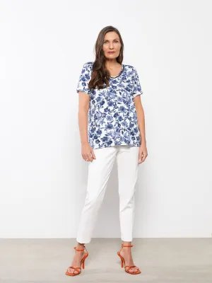 V-Neck Patterned Short Sleeve Women's T-Shirt