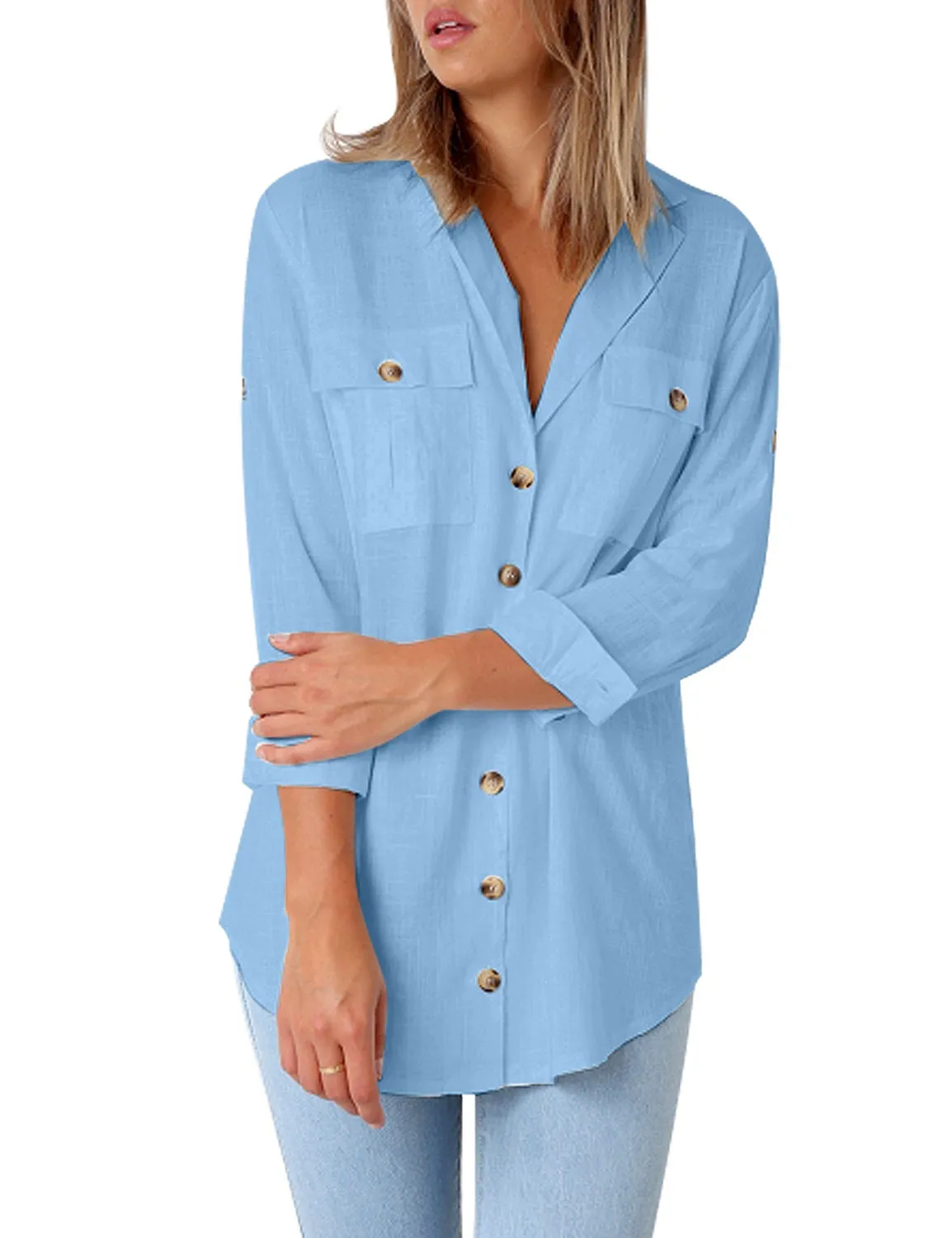 Vetinee Women's Casual Button Down Blouse Shirts Cuffed Sleeve Loose T-Shirt Tops