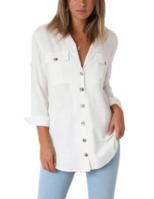 Vetinee Women's Casual Button Down Blouse Shirts Cuffed Sleeve Loose T-Shirt Tops
