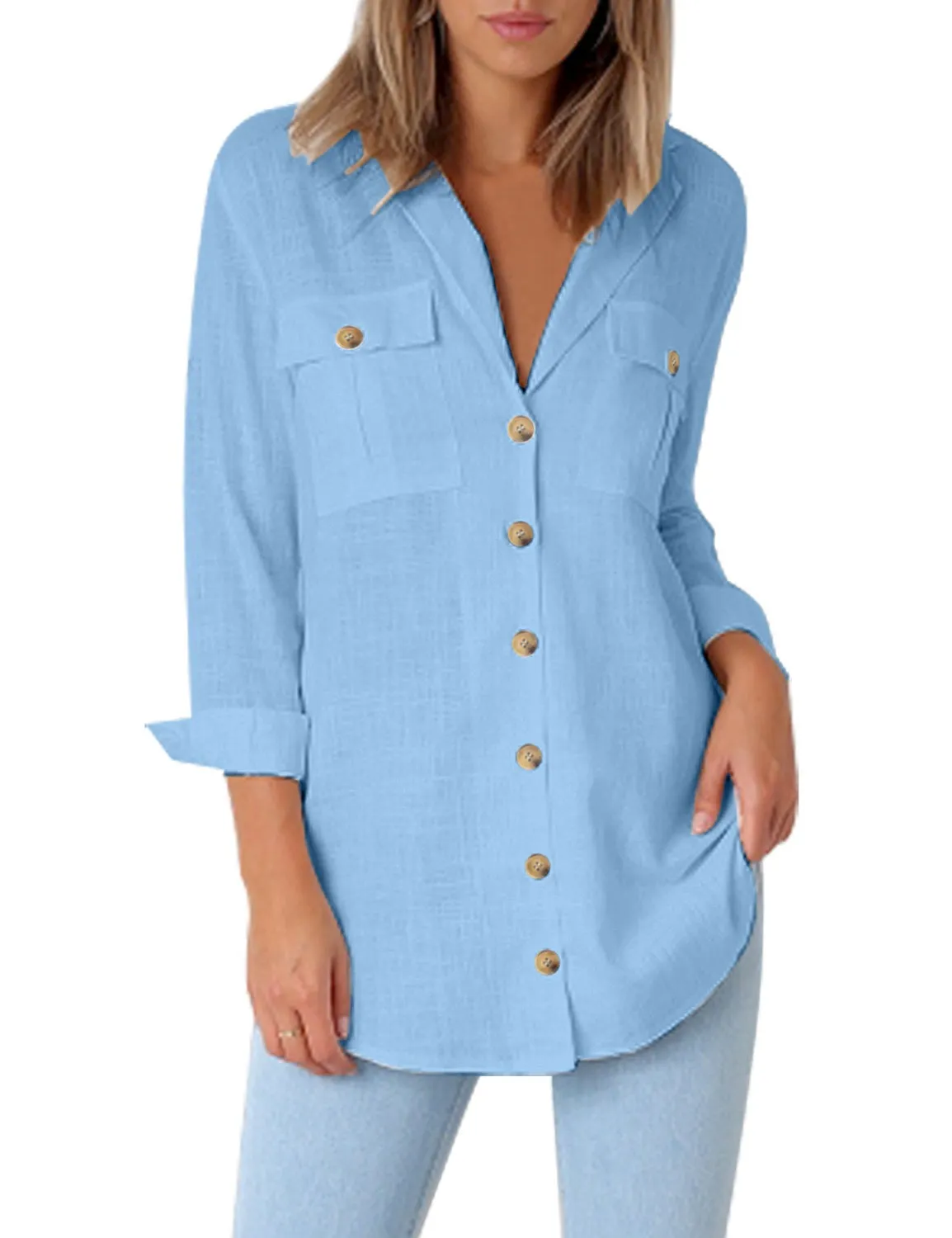 Vetinee Women's Casual Button Down Blouse Shirts Cuffed Sleeve Loose T-Shirt Tops