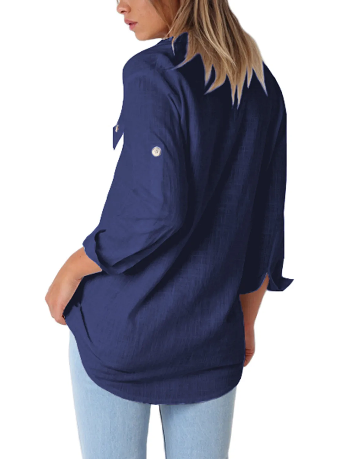 Vetinee Women's Casual Button Down Blouse Shirts Cuffed Sleeve Loose T-Shirt Tops