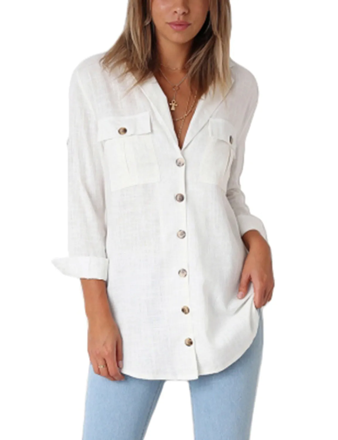 Vetinee Women's Casual Button Down Blouse Shirts Cuffed Sleeve Loose T-Shirt Tops