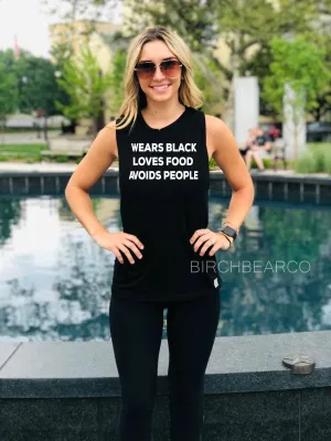 Wears Black Loves Food Avoids People Yoga Shirt