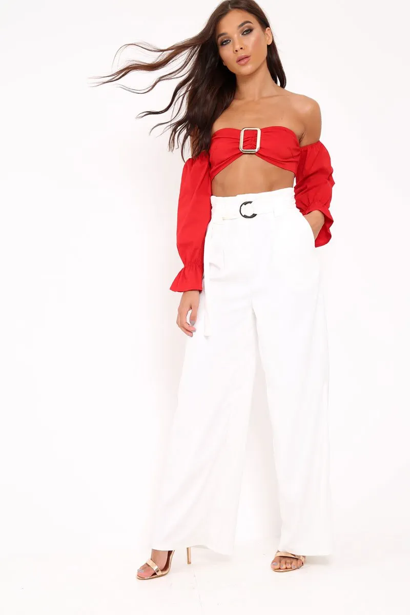 White Belted High Waist Wide Leg Trousers - Elianny