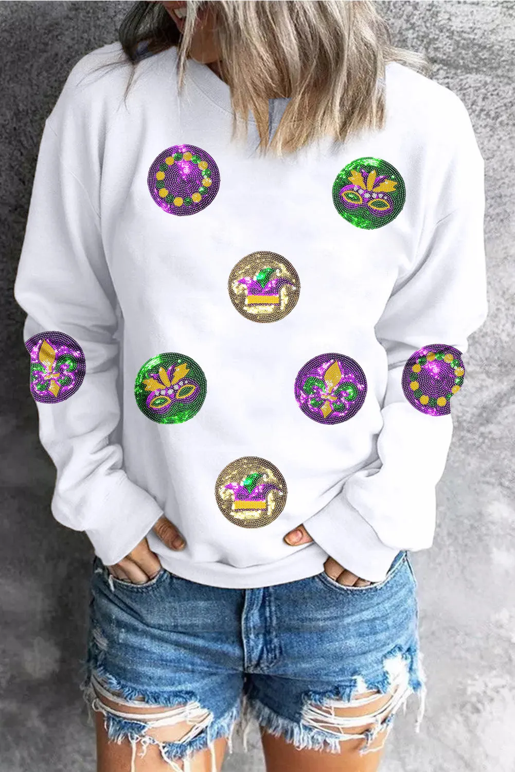 White Sequined Mardi Gras Pattern Crewneck Pullover Sweatshirt