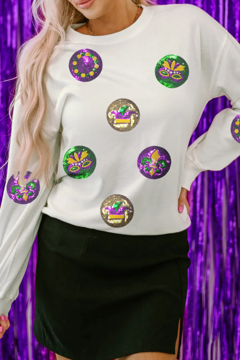 White Sequined Mardi Gras Pattern Crewneck Pullover Sweatshirt