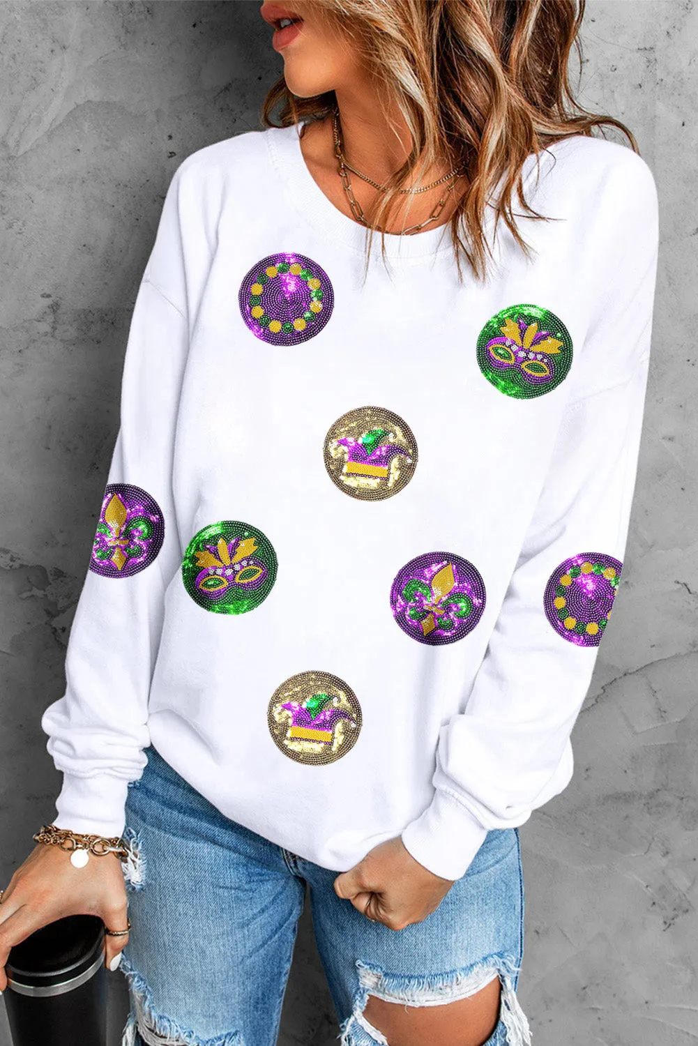 White Sequined Mardi Gras Pattern Crewneck Pullover Sweatshirt