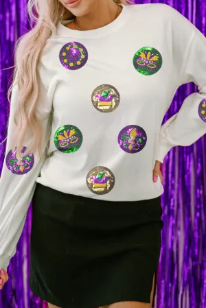 White Sequined Mardi Gras Pattern Crewneck Pullover Sweatshirt