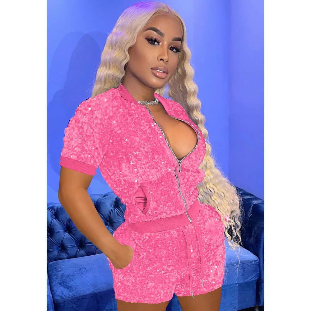 Women Sequin Two Piece Short Sleeve Short Royal and Pink