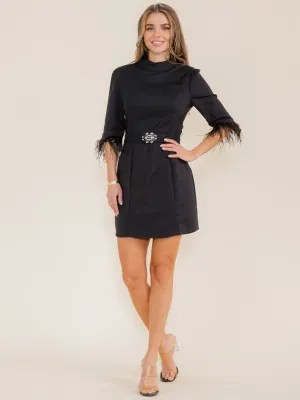 WOMEN'S 3/4 FEATHER TRIM SLEEVE BELTED MINI DRESS