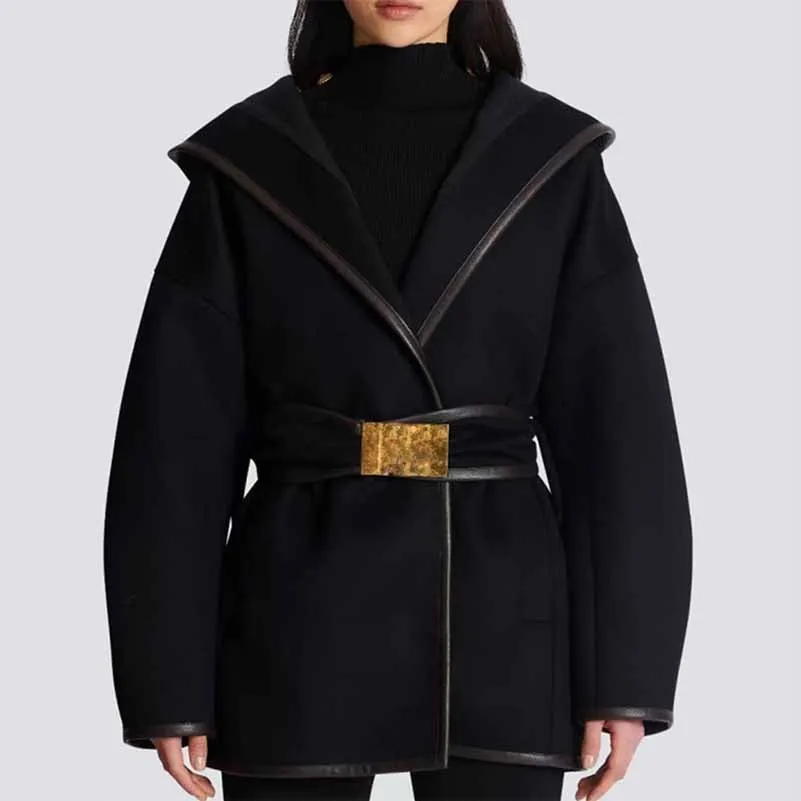 Women's Black Belted Woolen Coat