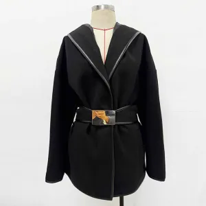 Women's Black Belted Woolen Coat