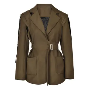 Women's Brown Jacket Belted Blazer Lapel Loose Fit Jacket Spring Autumn Boutique Fashion