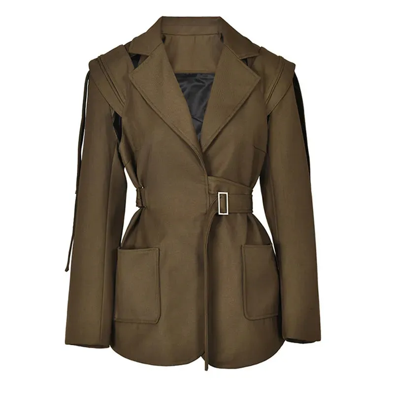 Women's Brown Jacket Belted Blazer Lapel Loose Fit Jacket Spring Autumn Boutique Fashion