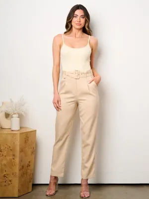 WOMEN'S BUTTON CLOSURE BELTED WIDE LEG PANTS