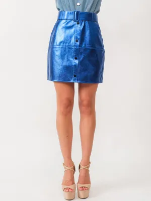 WOMEN'S BUTTON UP BELTED METALLIC MINI SKIRT