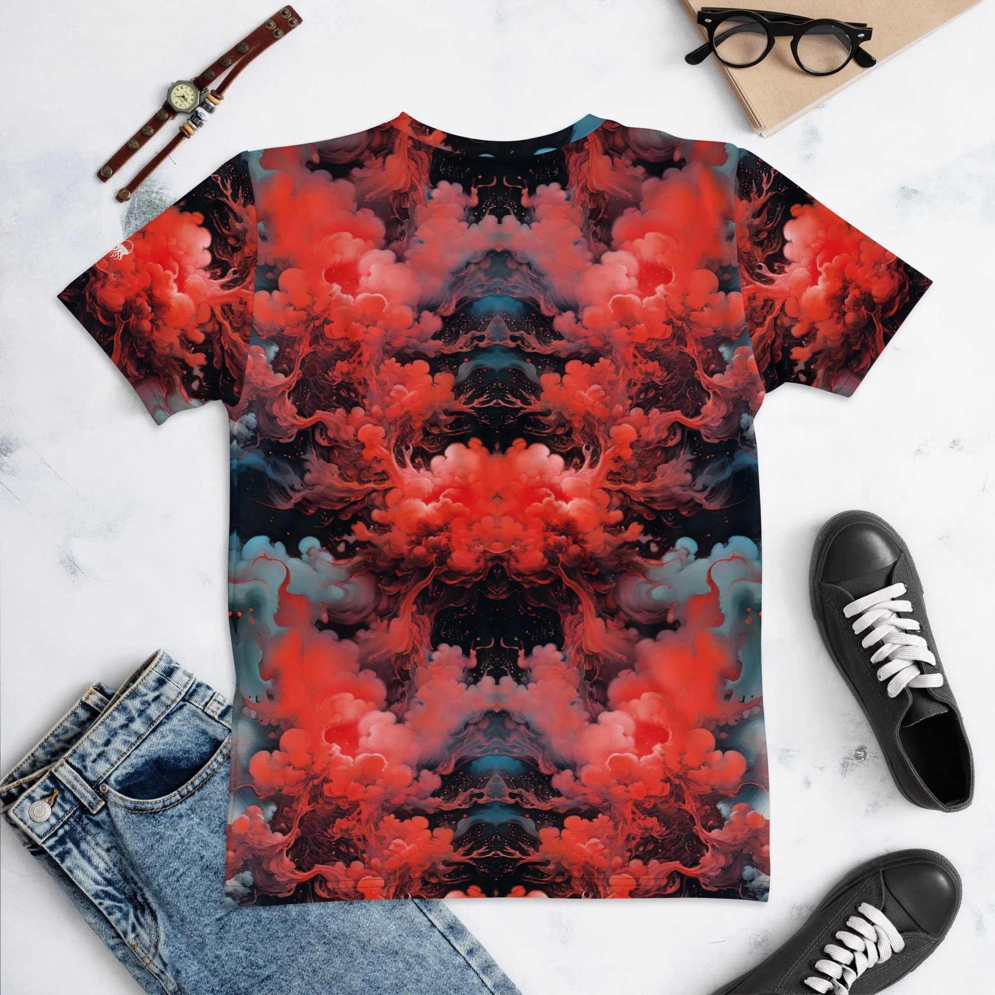 Women's Crewneck T-Shirt - Ethereal Crimson Flow - Dark