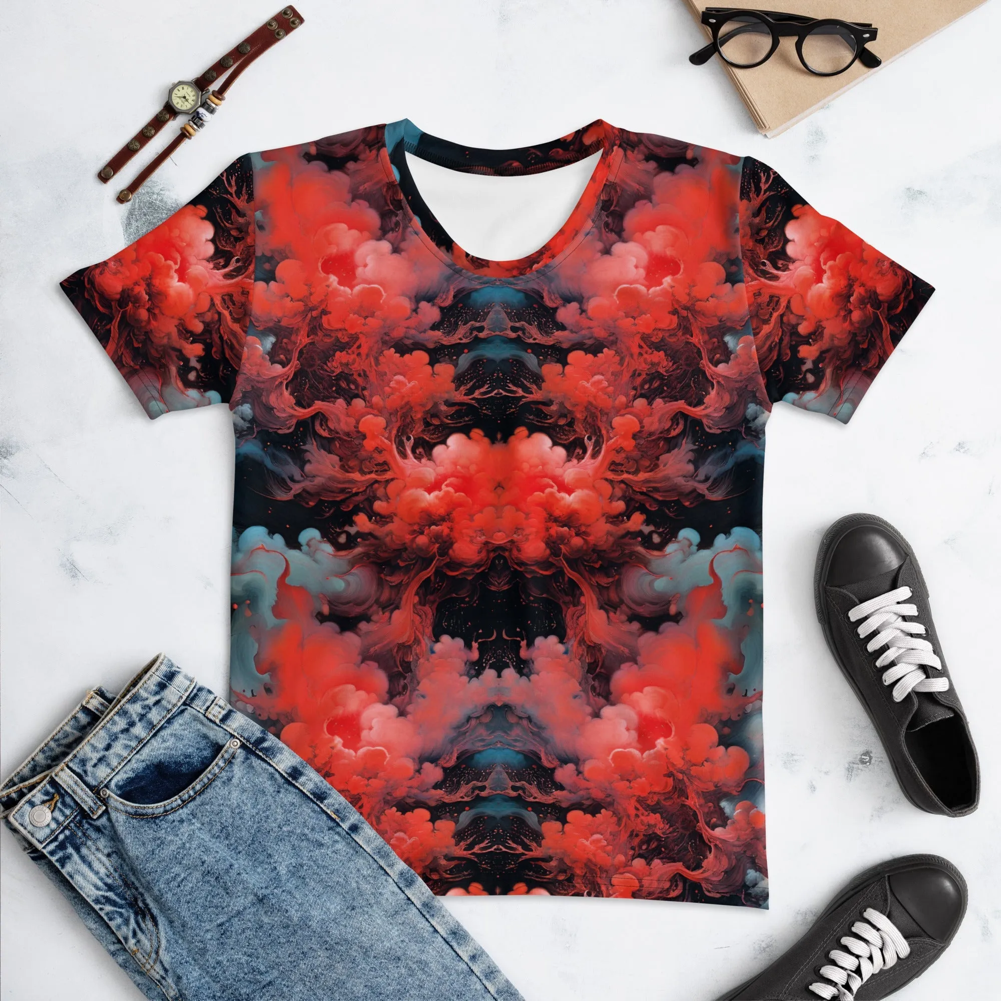Women's Crewneck T-Shirt - Ethereal Crimson Flow - Dark