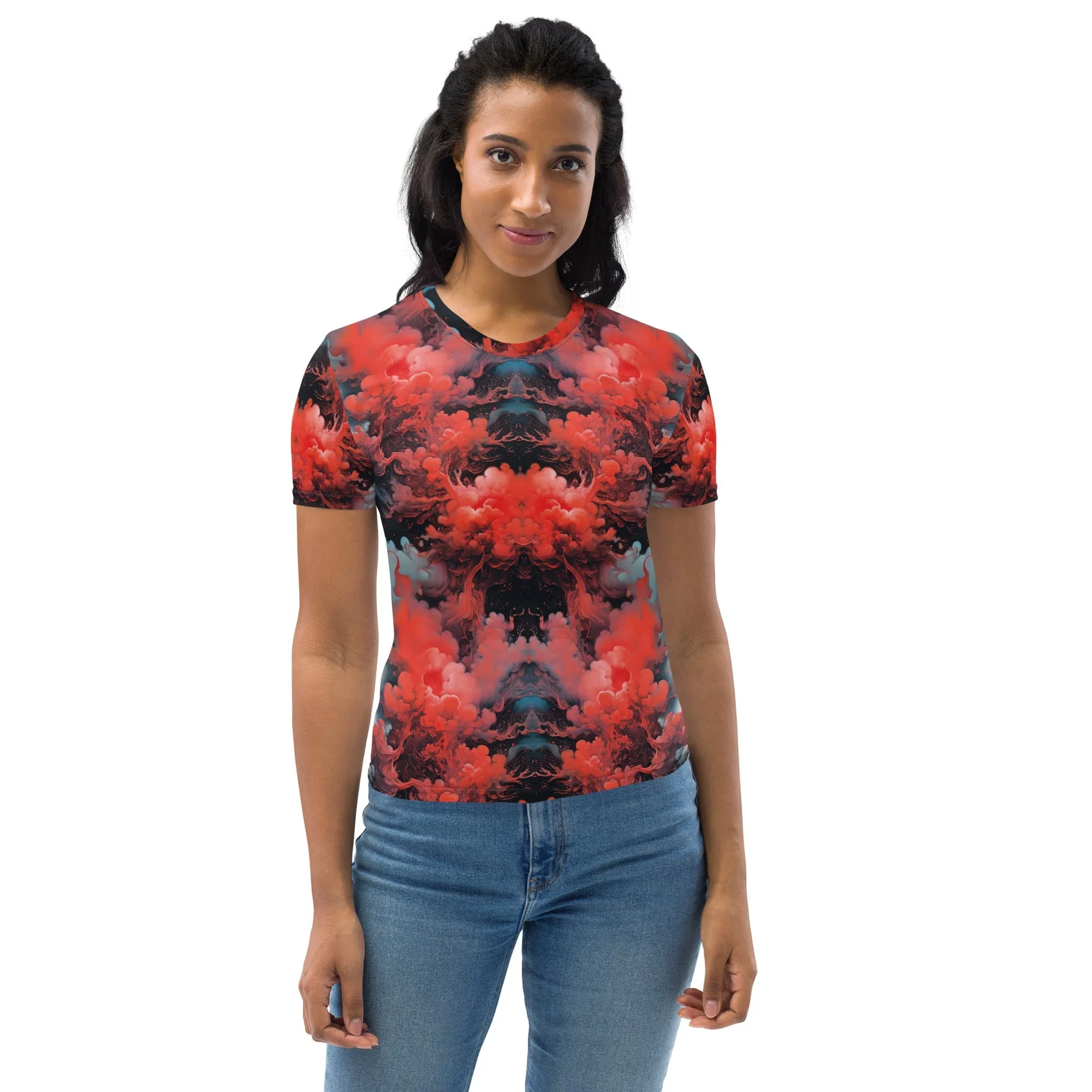 Women's Crewneck T-Shirt - Ethereal Crimson Flow - Dark