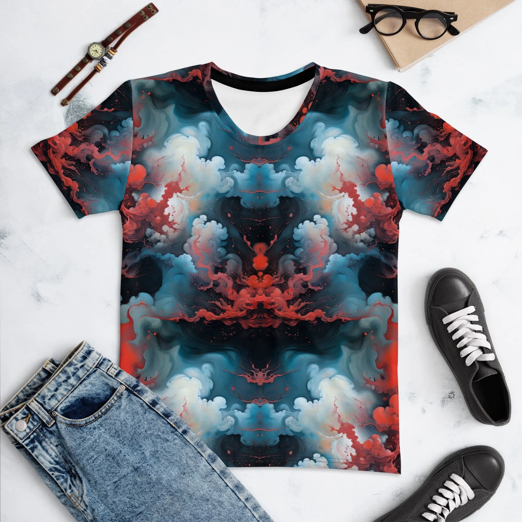 Women's Crewneck T-Shirt - Ethereal Crimson Flow - Light