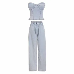 Women's Demin Pantsuit Tube Top & Jeans Set