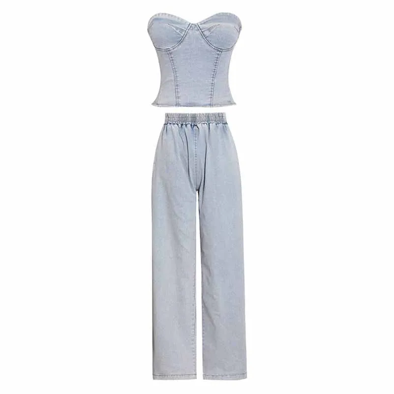 Women's Demin Pantsuit Tube Top & Jeans Set