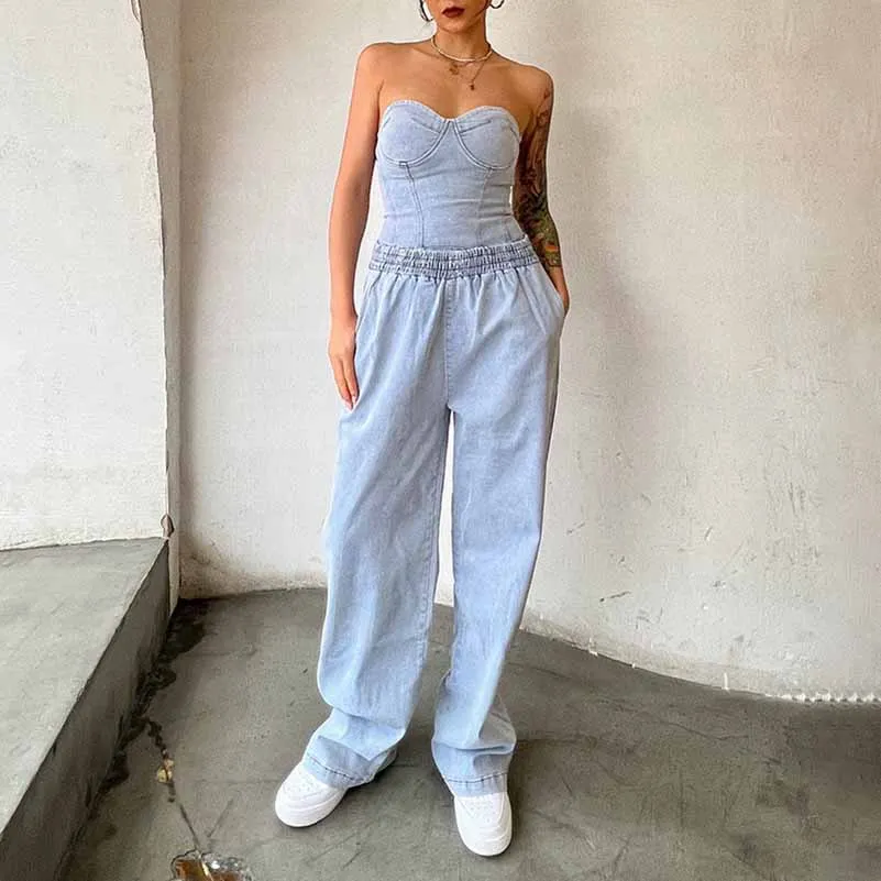 Women's Demin Pantsuit Tube Top & Jeans Set