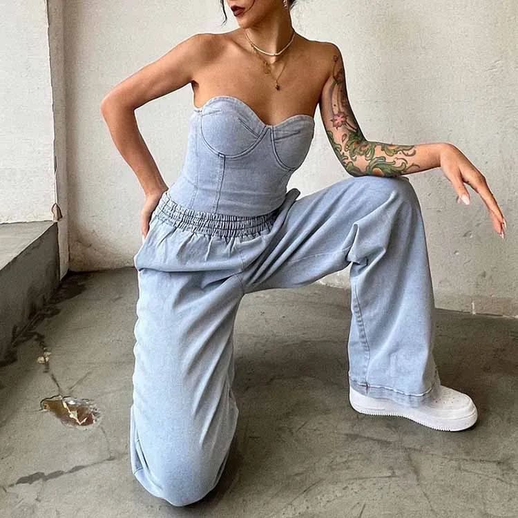 Women's Demin Pantsuit Tube Top & Jeans Set