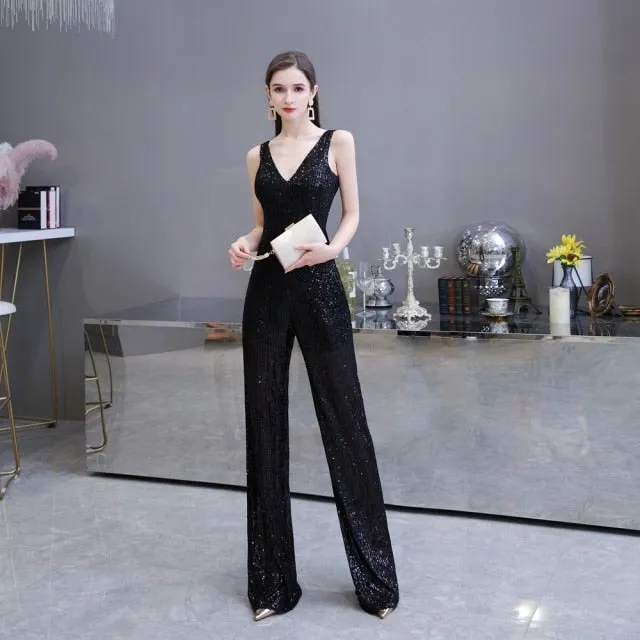 Women's Elegant Sleeveless V Neck Sequined Party Pantsuit