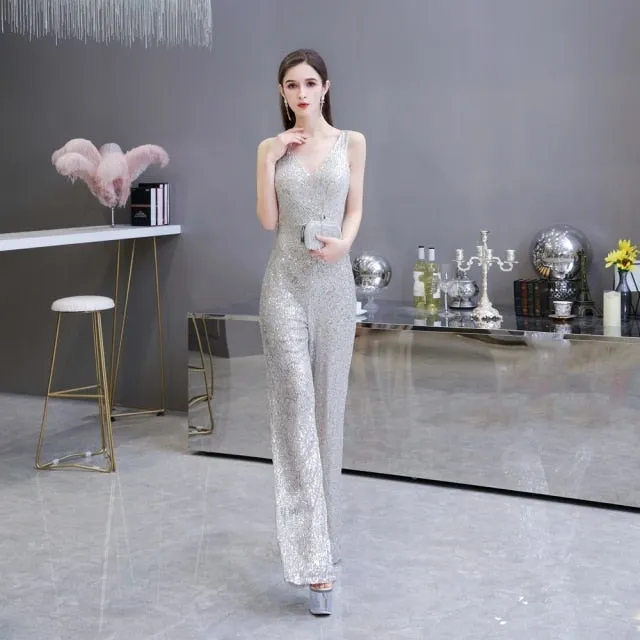 Women's Elegant Sleeveless V Neck Sequined Party Pantsuit