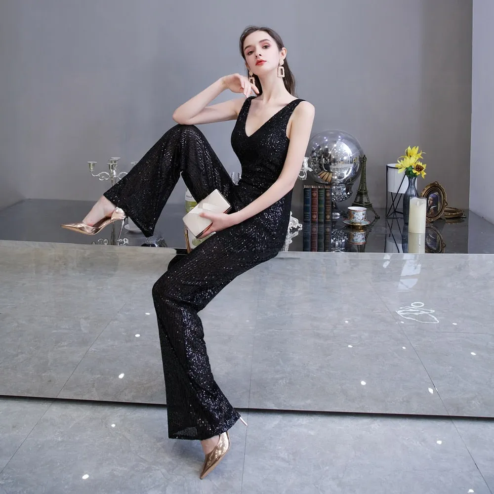 Women's Elegant Sleeveless V Neck Sequined Party Pantsuit