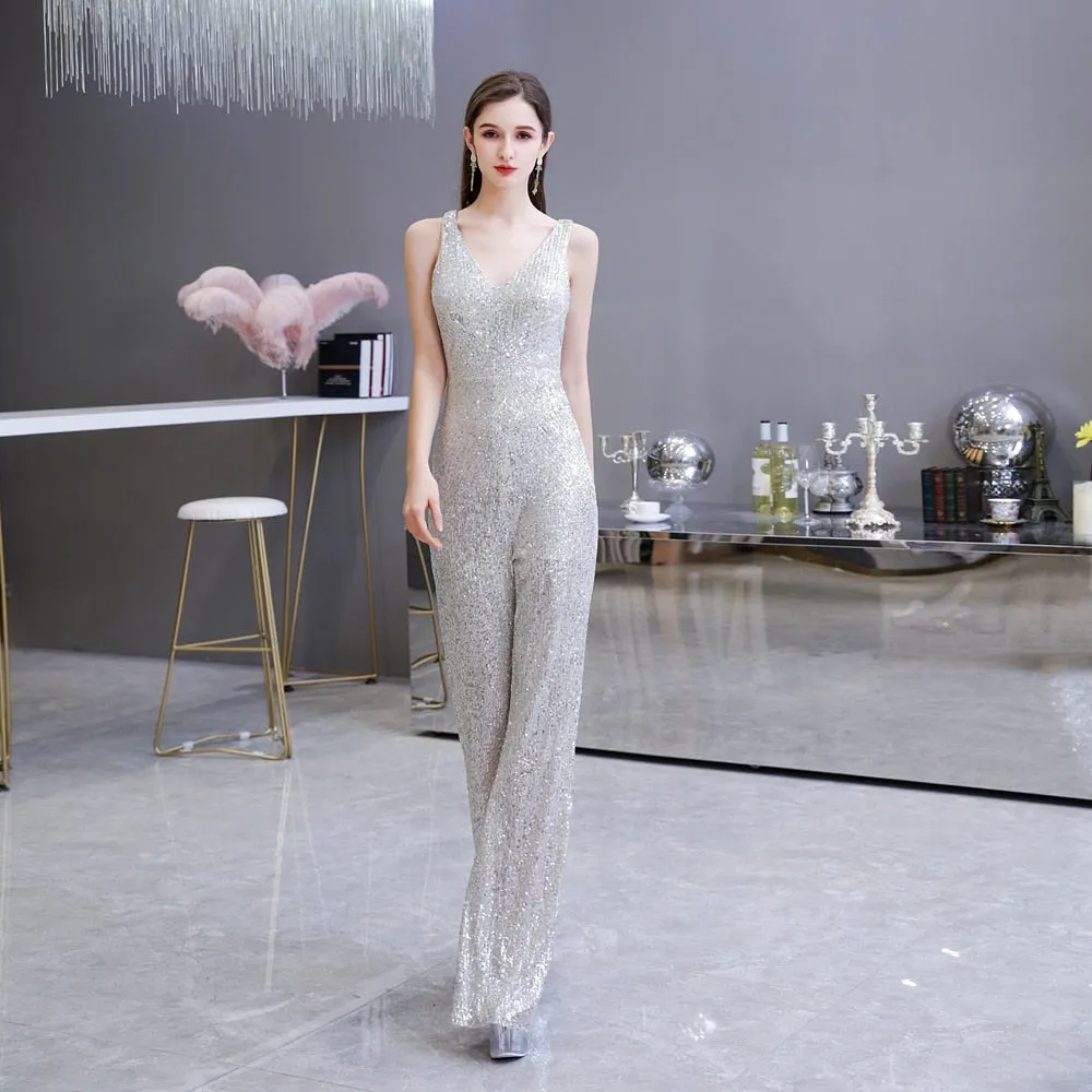 Women's Elegant Sleeveless V Neck Sequined Party Pantsuit