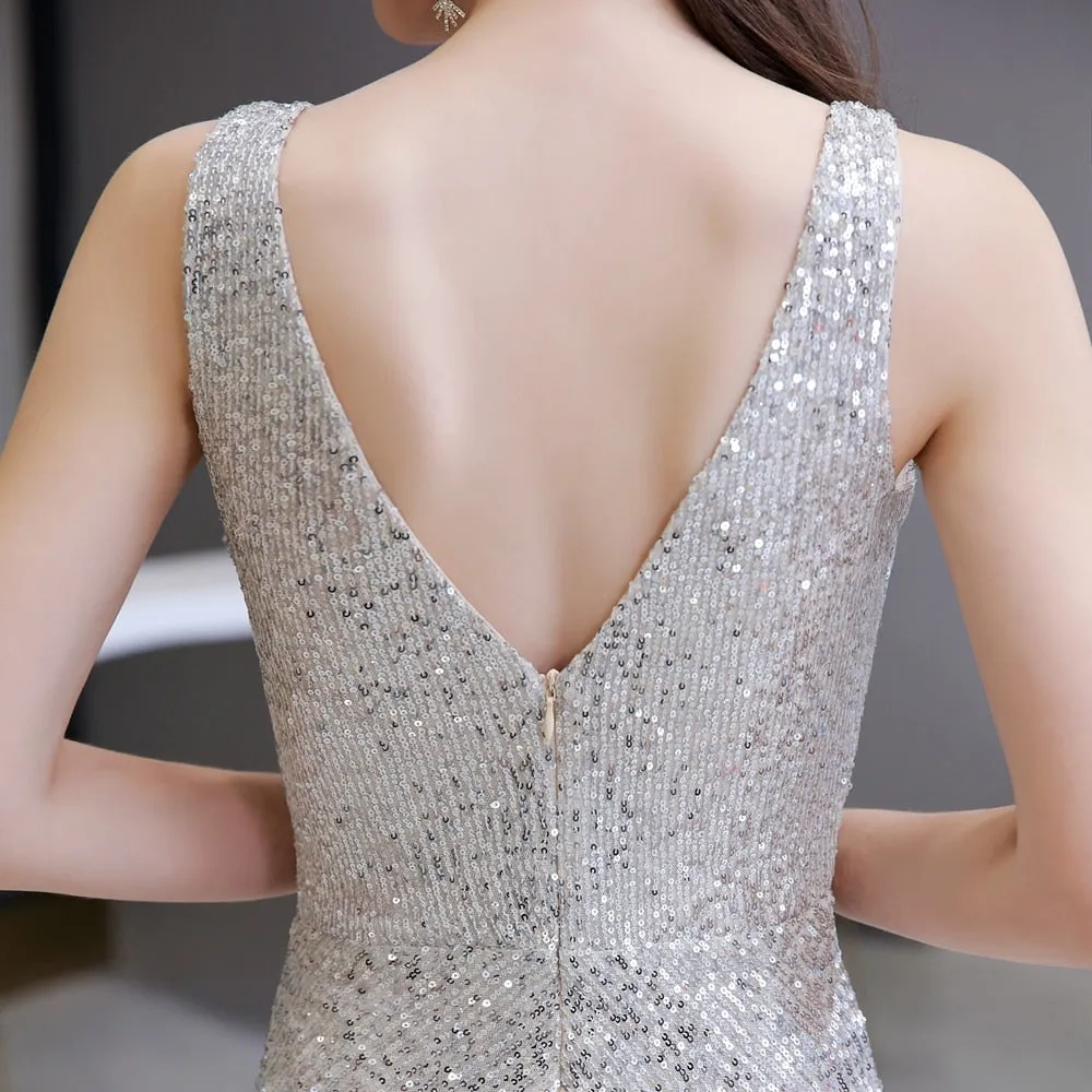 Women's Elegant Sleeveless V Neck Sequined Party Pantsuit