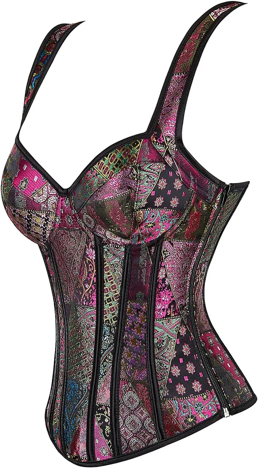 Women's Gothic Jacquard Shoulder Straps Tank Overbust Corset Bustiers