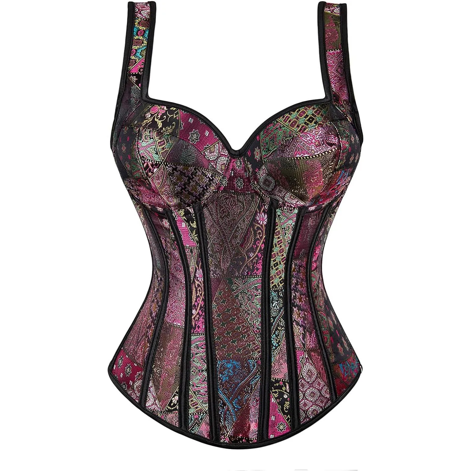 Women's Gothic Jacquard Shoulder Straps Tank Overbust Corset Bustiers