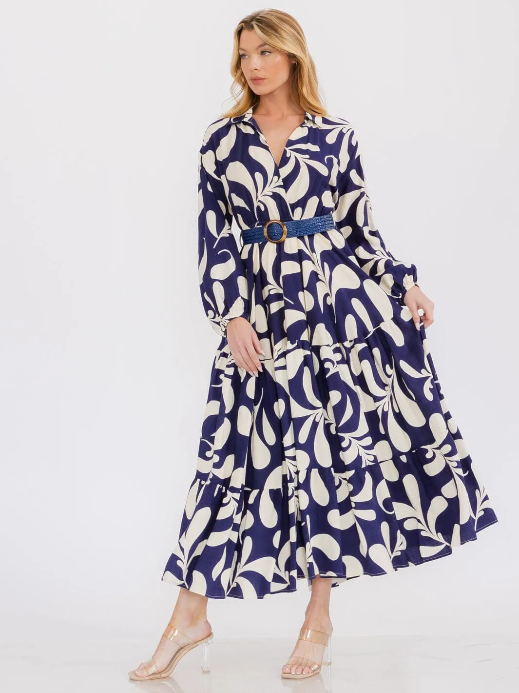 WOMEN'S LONG SLEEVE SURPLICE FRONT POCKETS BELTED MAXI DRESS