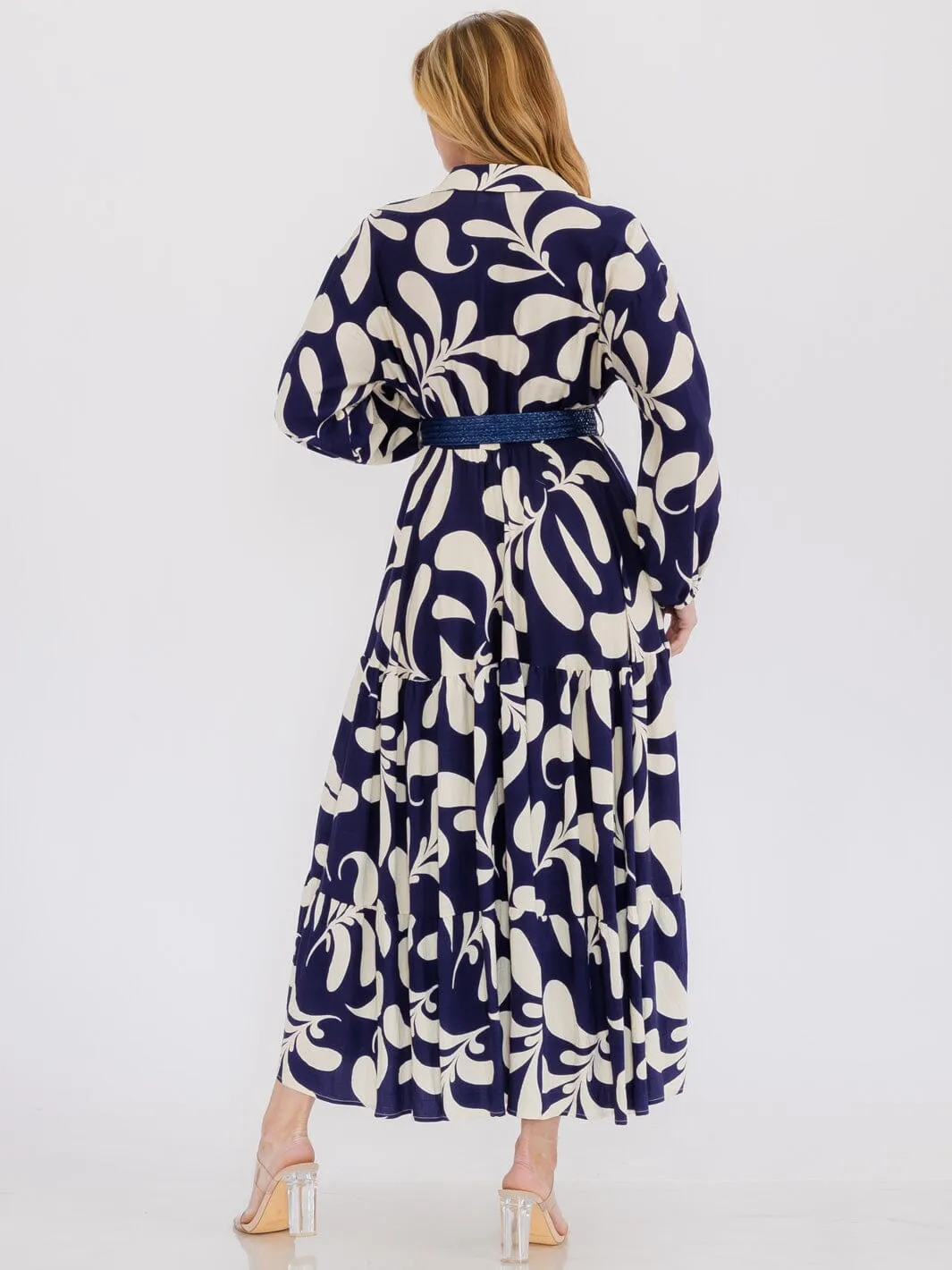WOMEN'S LONG SLEEVE SURPLICE FRONT POCKETS BELTED MAXI DRESS