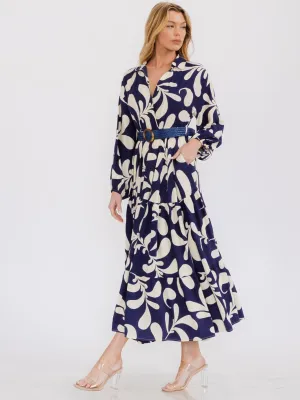 WOMEN'S LONG SLEEVE SURPLICE FRONT POCKETS BELTED MAXI DRESS