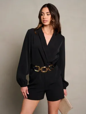 WOMEN'S LONG SLEEVE SURPLICE POCKETS BELTED ROMPER