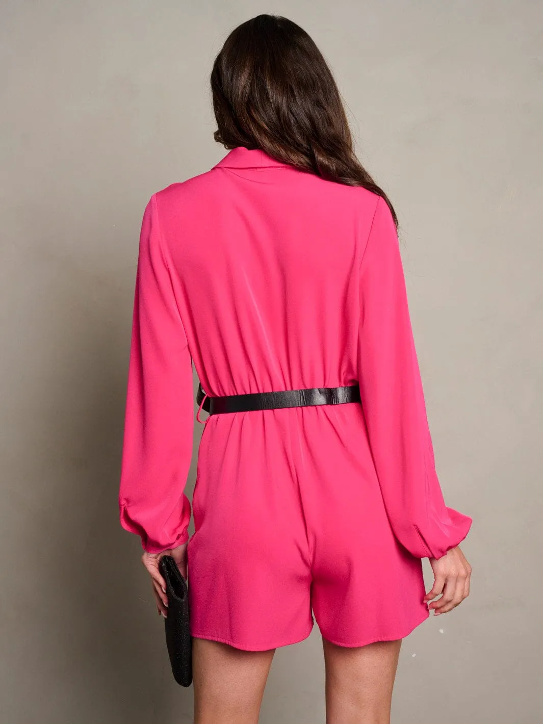 WOMEN'S LONG SLEEVE SURPLICE POCKETS BELTED ROMPER