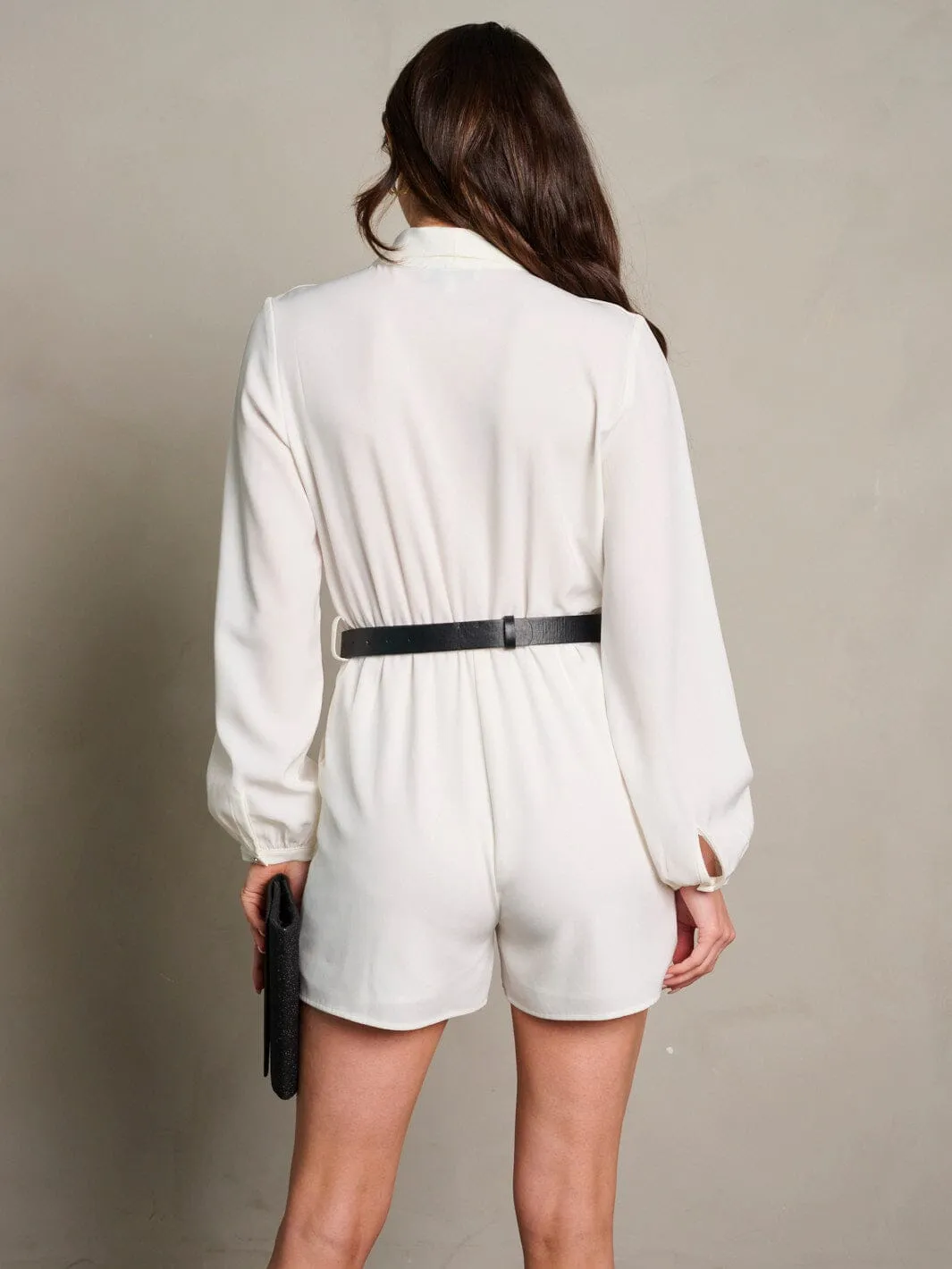 WOMEN'S LONG SLEEVE SURPLICE POCKETS BELTED ROMPER