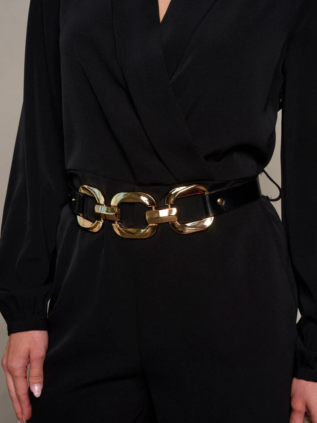 WOMEN'S LONG SLEEVE SURPLICE POCKETS BELTED ROMPER