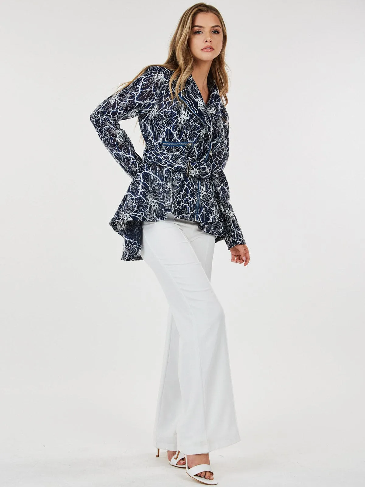 WOMEN'S LONG SLEEVE ZIP UP HIGH-LOW BELTED JACKET