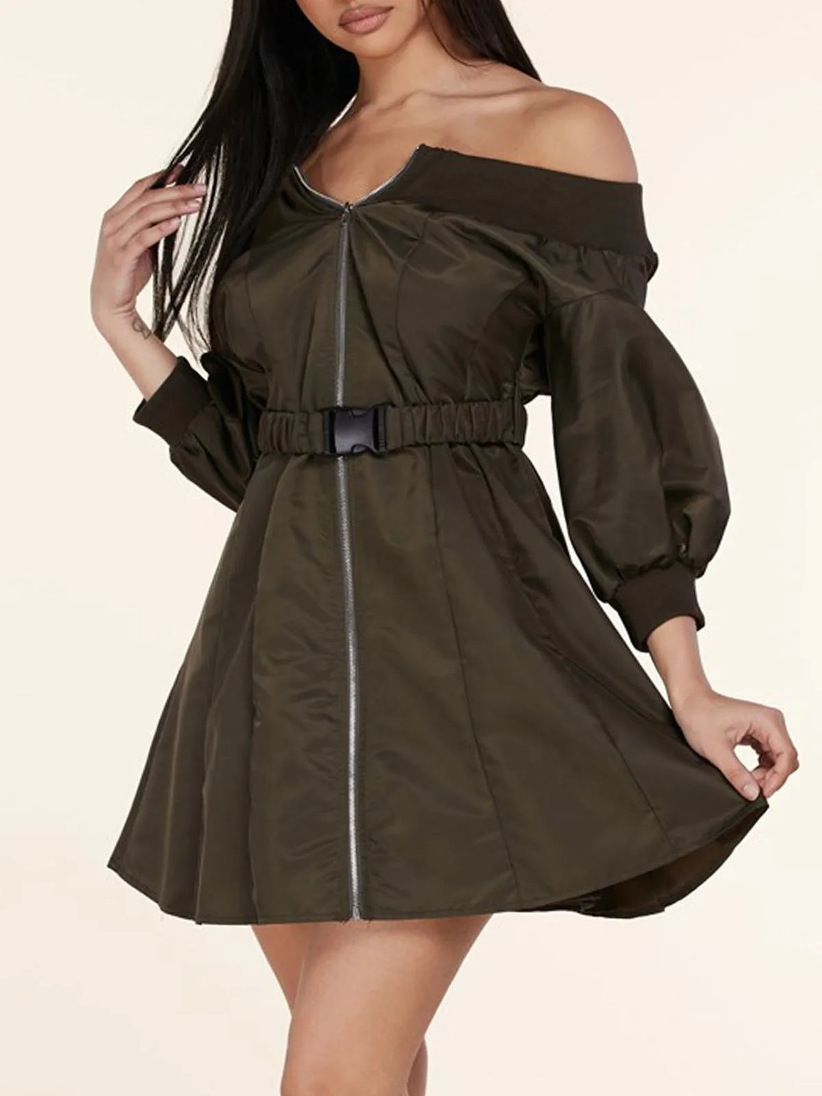 WOMEN'S OFF SHOULDER LONG SLEEVE ZIP UP BELTED MINI DRESS