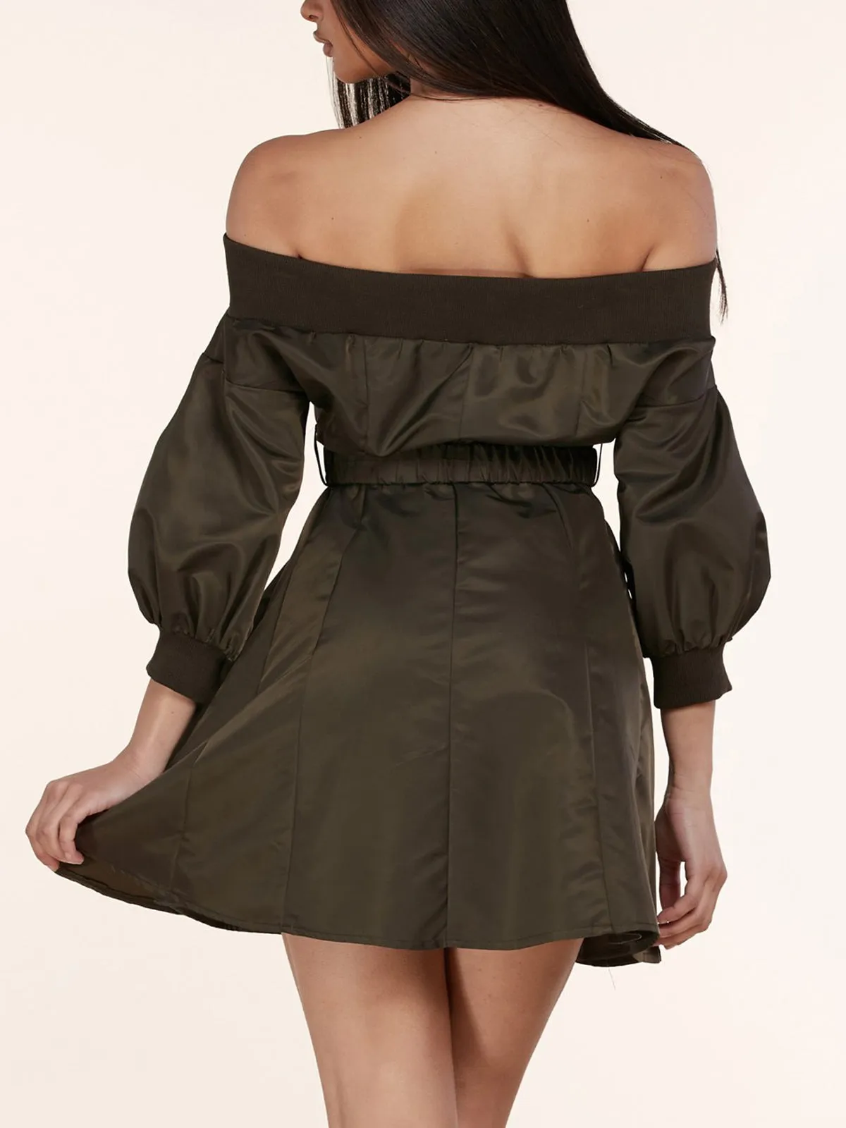 WOMEN'S OFF SHOULDER LONG SLEEVE ZIP UP BELTED MINI DRESS